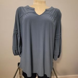 Women's XL Blue Notch V-Neck L/S Stretch Shirt Pleated-Sleeve Relax Fit Top